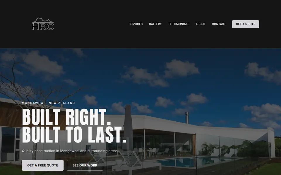 HeadRock Construction homepage: “Built right. Built to last.” over a modern house with a pool.