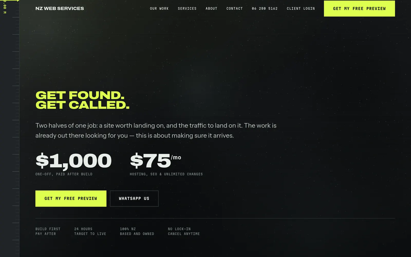 NZ Web Services homepage in black and acid yellow: “Get found. Get called.” with prices of $1,000 one-off and $75 a month.