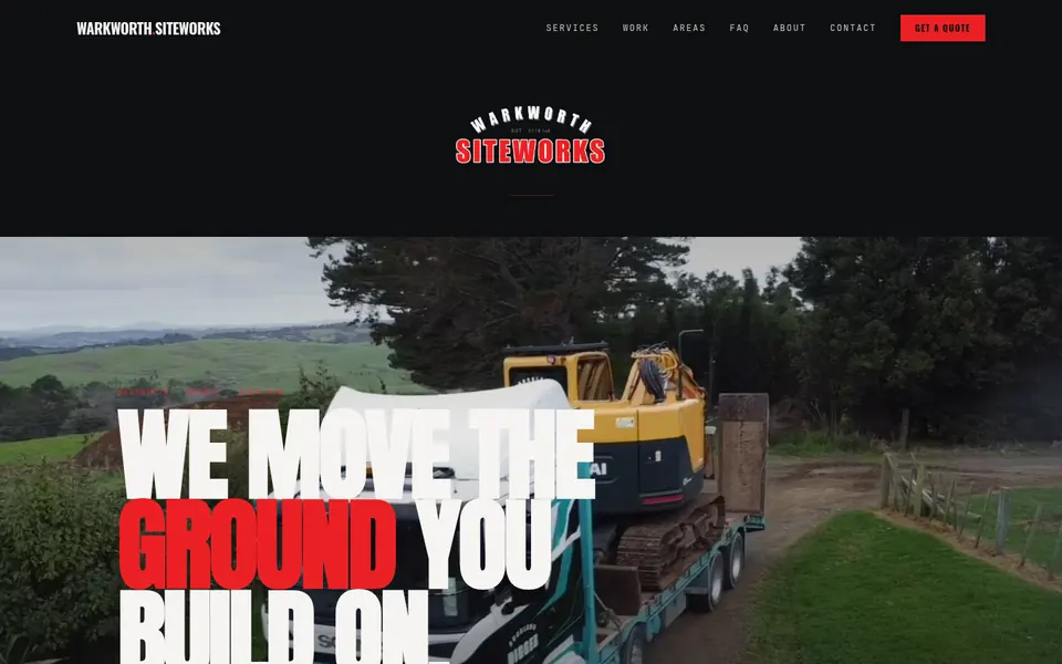 Warkworth Siteworks homepage: “We move the ground you build on” beside an excavator on a trailer.